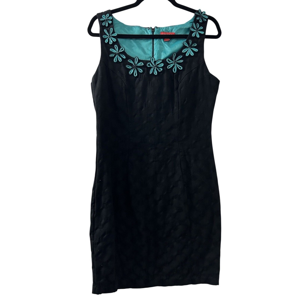 Signature by Sangria Cotton Sheath Dress 12 Black Teal Floral Mod Retro Chic